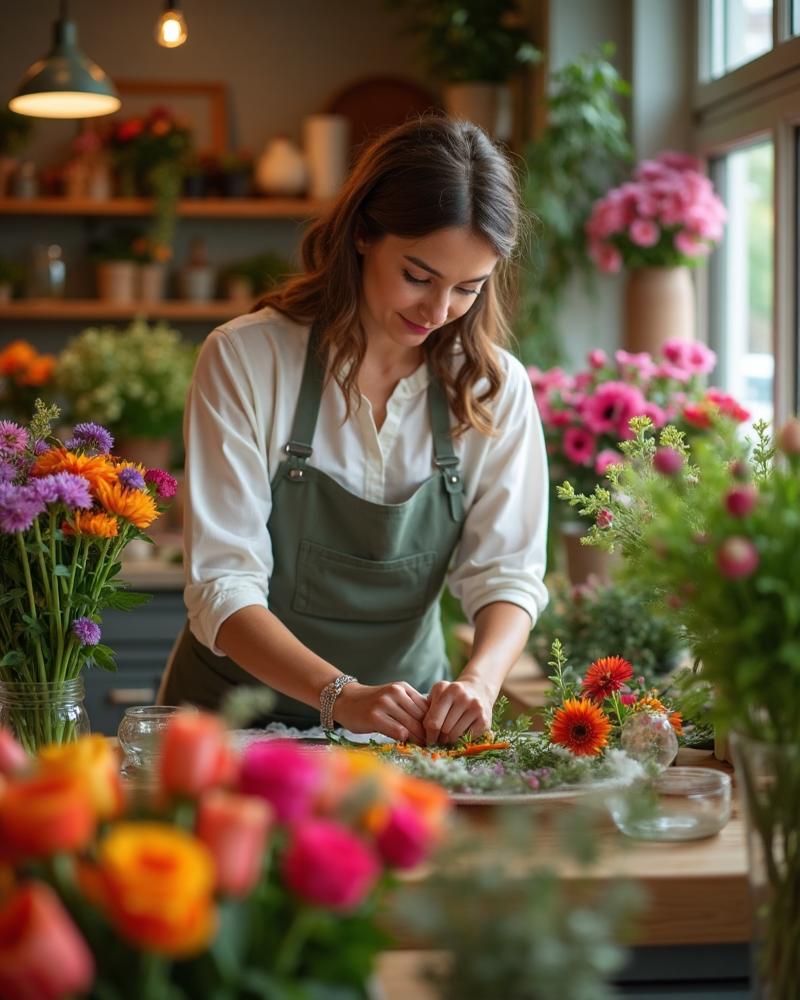 Professional florist arranging flowers in a flower shop